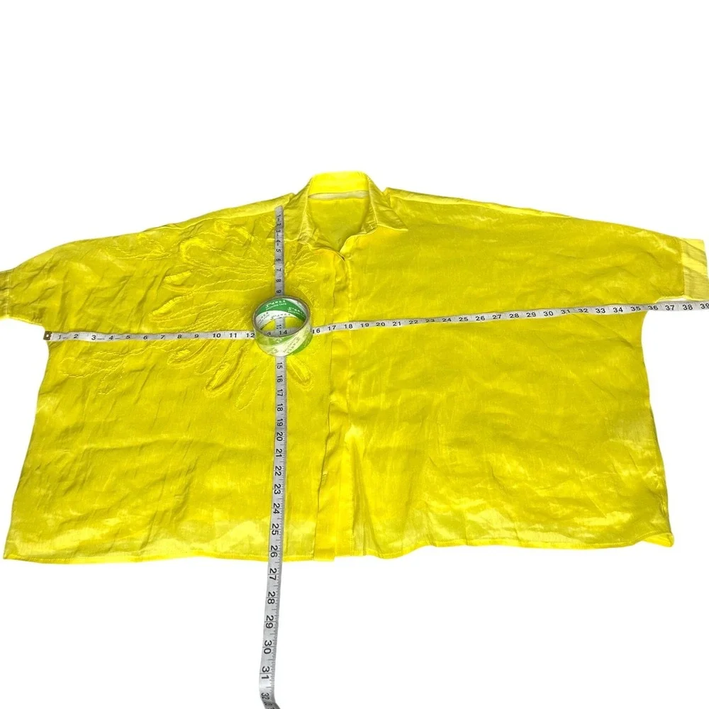 Yellow Linen Silk Women's Oversized Floral Embroidered Boho Chic Shirt Size M
